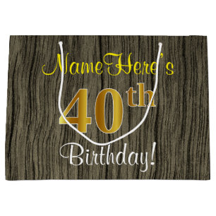 Grand Sac Cadeau Faux Wood Look, Faux Gold 40e Anniversaire + Nom