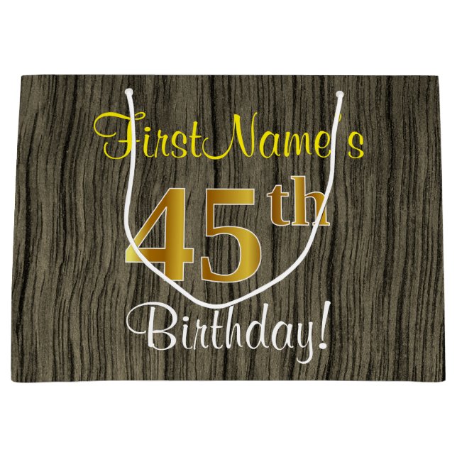 Grand Sac Cadeau Faux Wood Look, Faux Gold 45e anniversaire + Nom (Devant)