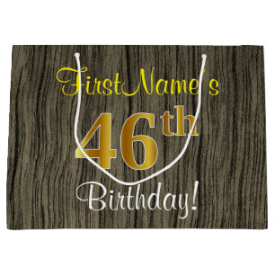 Grand Sac Cadeau Faux Wood Look, Faux Gold 46e anniversaire + Nom