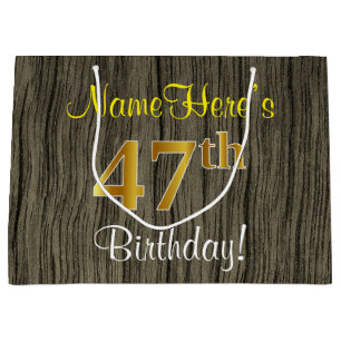 Grand Sac Cadeau Faux Wood Look, Faux Gold 47e anniversaire + Nom