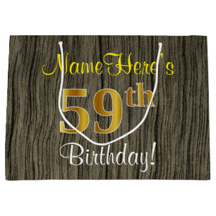 Grand Sac Cadeau Faux Wood Look, Faux Gold 59e Anniversaire + Nom