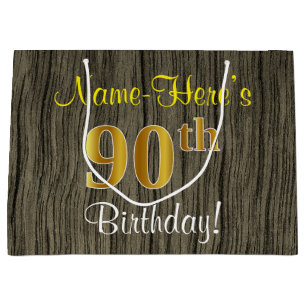 Grand Sac Cadeau Faux Wood Look, Faux Gold 90e Anniversaire + Nom