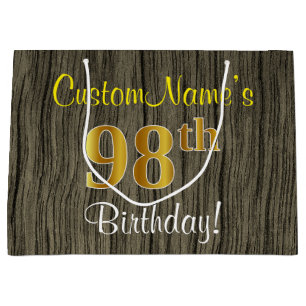 Grand Sac Cadeau Faux Wood Look, Faux Gold 98e anniversaire + nom