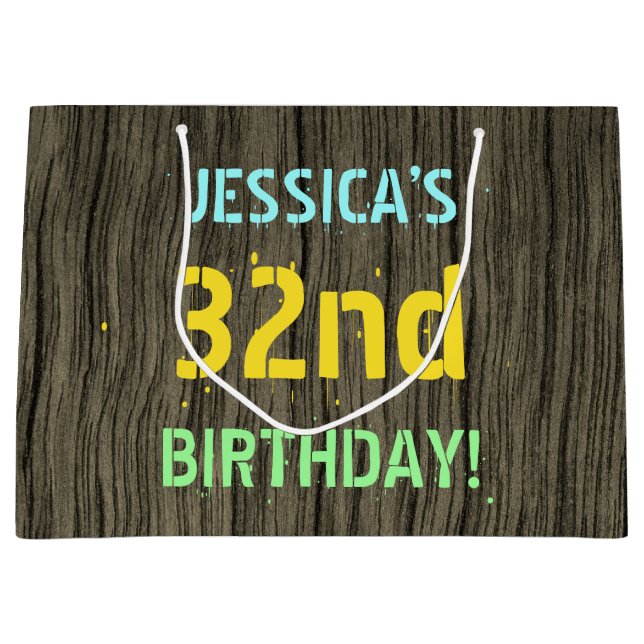 Grand Sac Cadeau Faux Wood, Peint Texte Look, 32e anniversaire + No (Devant)