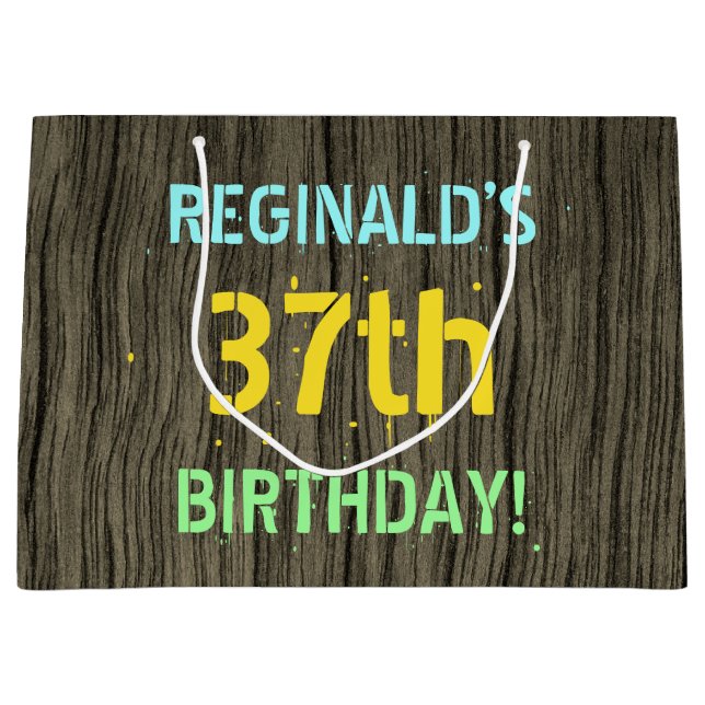 Grand Sac Cadeau Faux Wood, Peint Texte Look, 37e anniversaire + No (Devant)