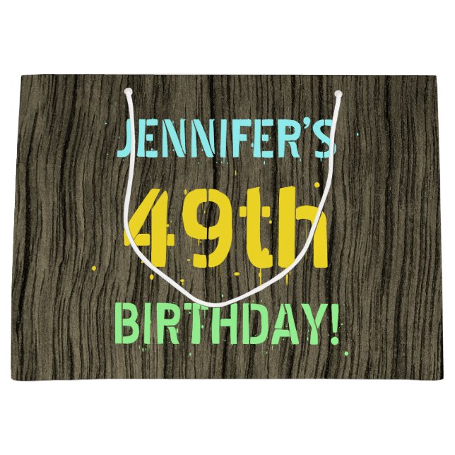 Grand Sac Cadeau Faux Wood, Peint Texte Look, 49e anniversaire + No (Devant)