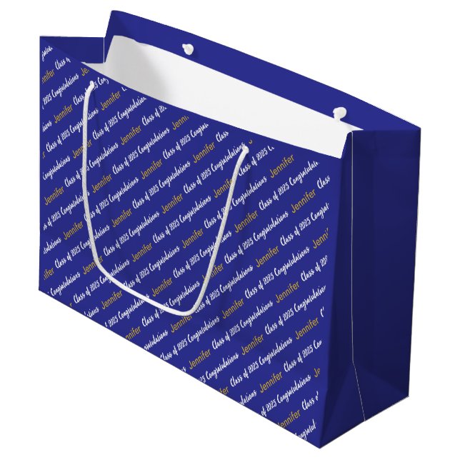 Grand Sac Cadeau Félicitations Deep Blue White Gold Class de 2025 (Devant Angle)