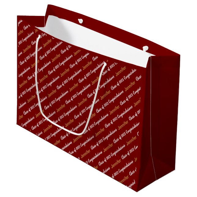 Grand Sac Cadeau Félicitations Deep Red White Gold Class de 2025 (Devant Angle)