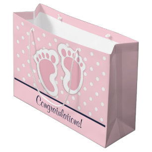 Grand Sac Cadeau Félicitations Fille Bébé Rose Cute Empreintes