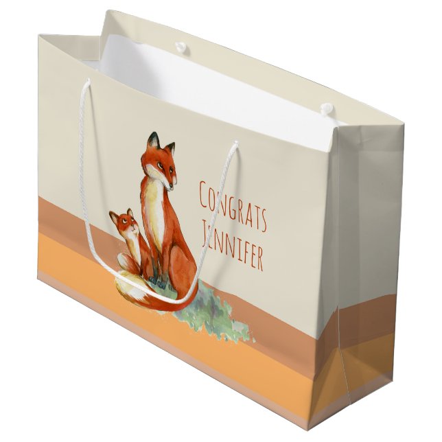 Grand Sac Cadeau Félicitations pour l'illustration d'aquarelle Fox  (Devant Angle)