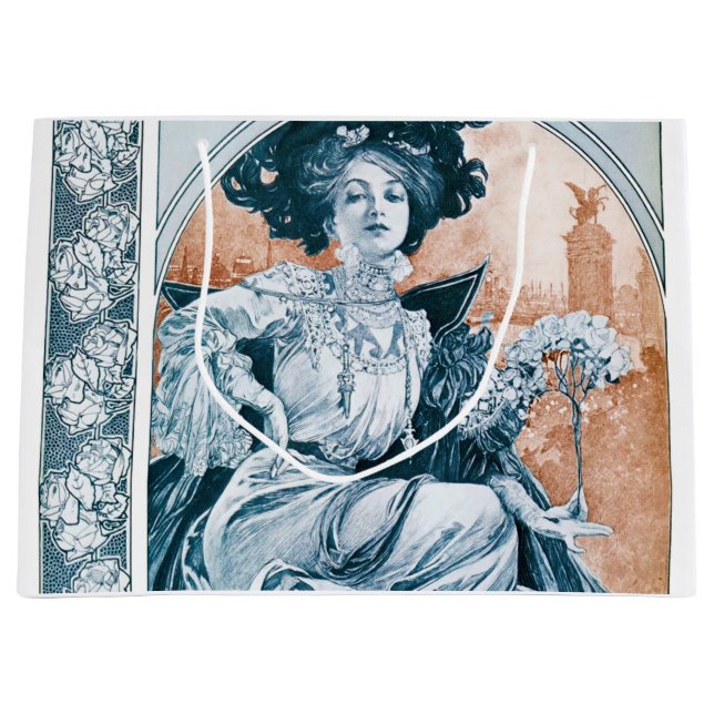 Grand Sac Cadeau Femme à la rose, Mucha (Devant)