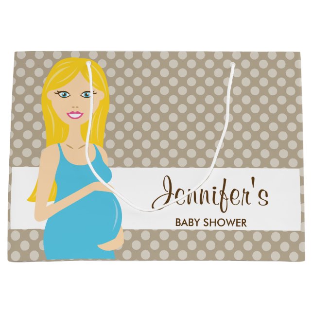 Grand Sac Cadeau Femme Enceinte Blonde En Baby shower Robe Bleue (Devant)
