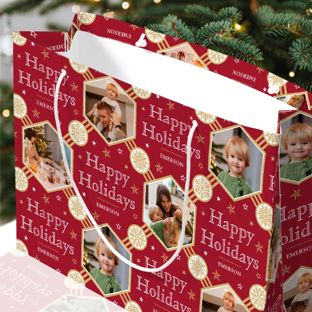 Grand Sac Cadeau Festif Noël Snowflake Photo Classique Rouge Profon (Créateur téléchargé)