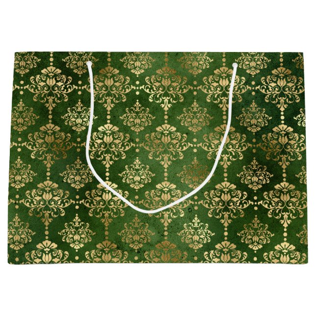Grand Sac Cadeau Festive Green & Gold Foil hiver Noël Damas (Devant)