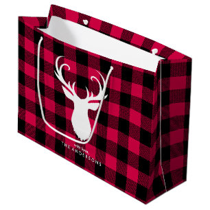 Grand Sac Cadeau Festive Rouge Plaid Motif Noël