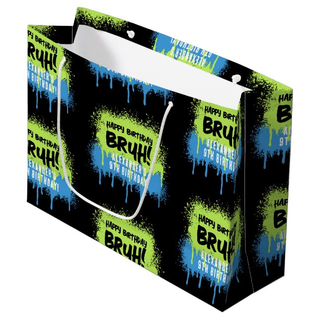Grand Sac Cadeau Fête d'anniversaire de Bruh Boy Neon Graffiti Vert (Devant Angle)