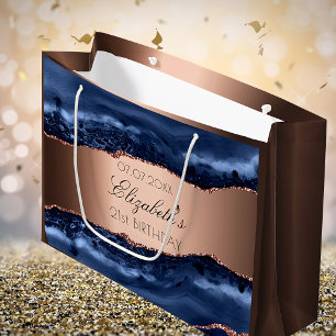 Grand Sac Cadeau Fête d'anniversaire en cuivre agate bleu