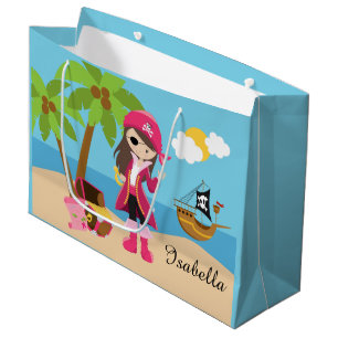 Grand Sac Cadeau Fête d'anniversaire rose de fille de pirate