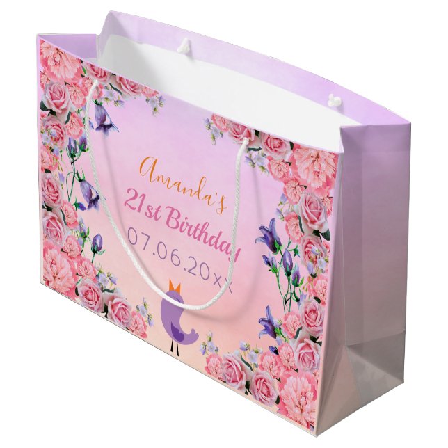 Grand Sac Cadeau fête de 21e anniversaire rose violet floral mignon (Dos Angle)