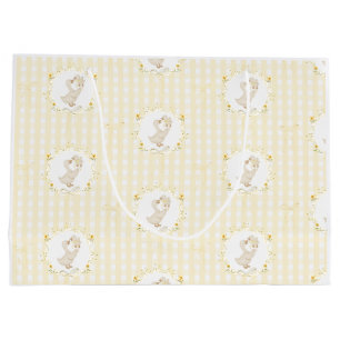 Grand Sac Cadeau Fête de bébé fleur sauvage Gingham jaune Oie Idiot