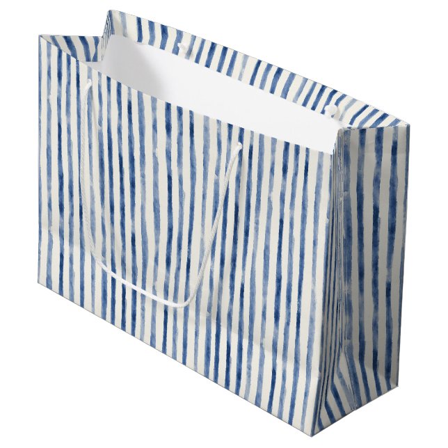 Grand Sac Cadeau Fête de Mariage Bleu Blanc Rayures (Devant Angle)