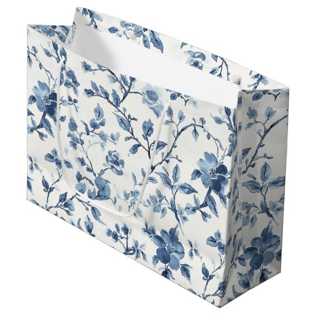 Grand Sac Cadeau Fête de Mariage Fleurs Bleues et Blanches (Devant Angle)