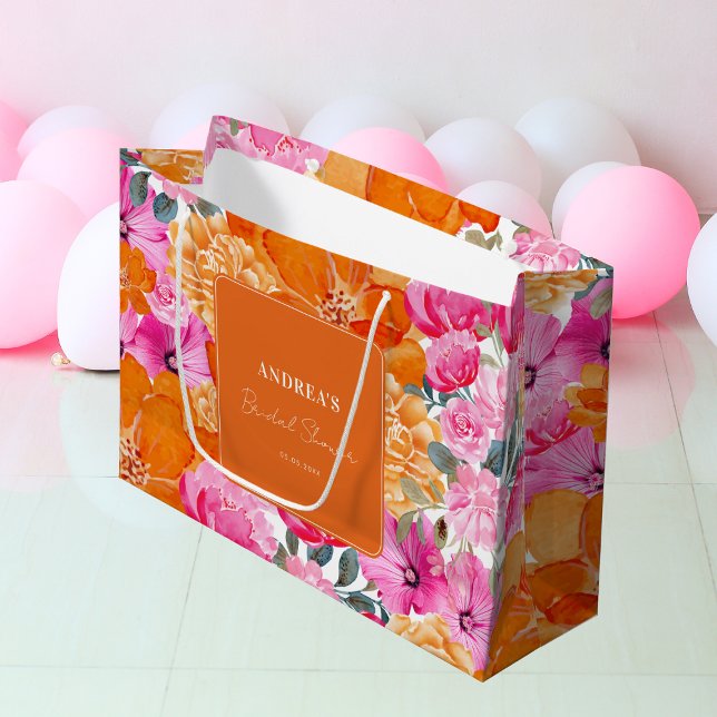 Grand Sac Cadeau Fête de mariage floral aquarelle rose orange en ét (Créateur téléchargé)