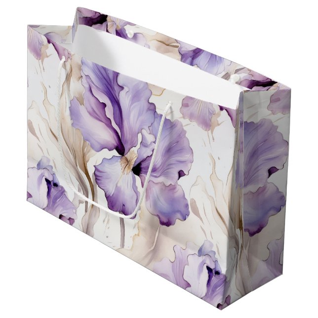 Grand Sac Cadeau Fête de Mariage Florale d'Iris Crème Violet Romant (Devant Angle)
