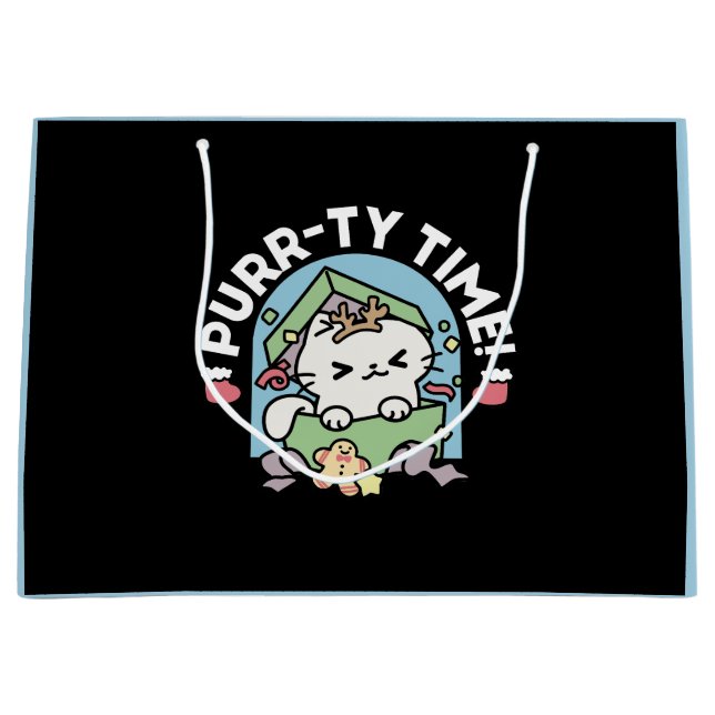 Grand Sac Cadeau Fête de Noël avec Purr-ty Time Cat (Devant)