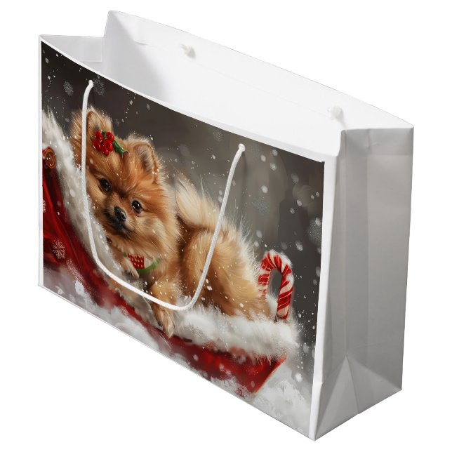 Grand Sac Cadeau Fête de Noël de Chien de Poméranie (Devant Angle)