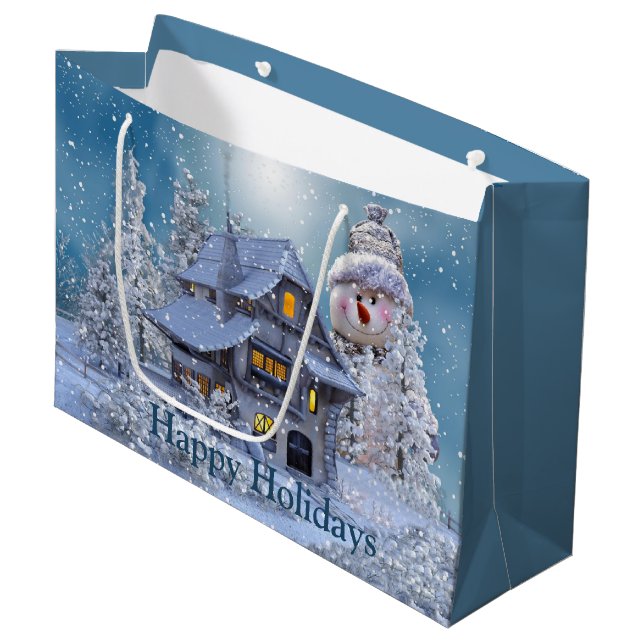 Grand Sac Cadeau Fête de Noël Hiver Blanc Snowman Bleu Russe (Devant Angle)