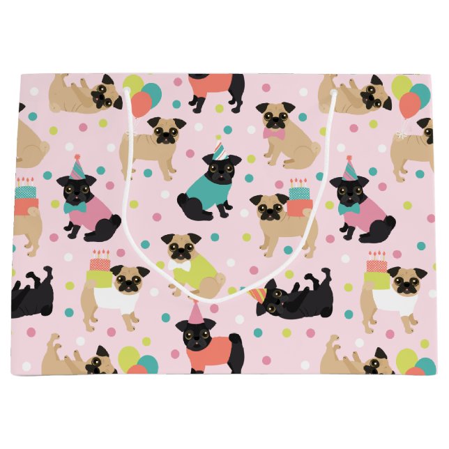 Grand Sac Cadeau Fête de Pug Birthday (Devant)