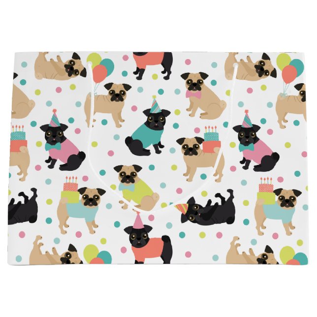 Grand Sac Cadeau Fête de Pug Birthday (Devant)