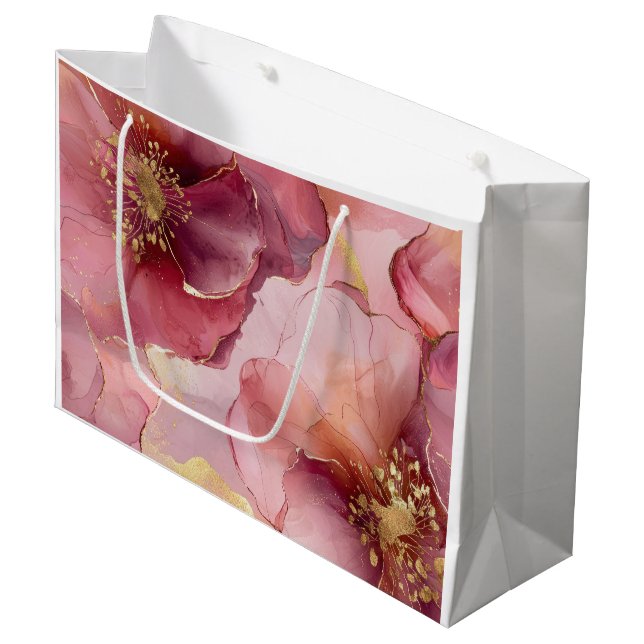 Grand Sac Cadeau Fête des mariées Gold Burgundy Blush Rose Fleurs (Devant Angle)