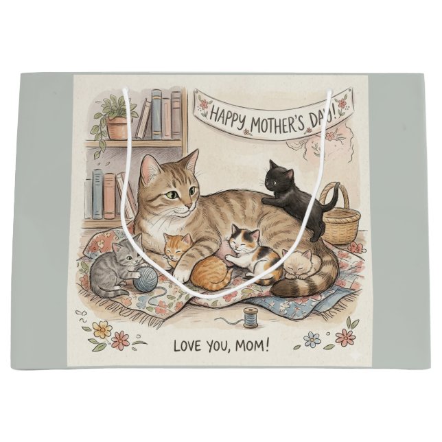 Grand Sac Cadeau Fête des Mères : Chat et Chatons (Devant)