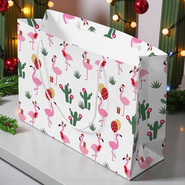 Grand Sac Cadeau Fête du Flamant rose de Noël | Vacances (Créateur téléchargé)