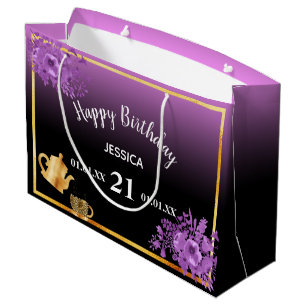 Grand Sac Cadeau fête du thé noir violet rose violet 21e anniversai