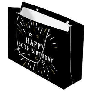 Grand Sac Cadeau Feu d'artifice noir blanc or pour 50 ans