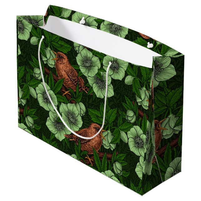 Grand Sac Cadeau Feu et hellebore sur vert foncé (Dos Angle)