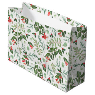 Grand Sac Cadeau feuillage de Noël baies gui et houx