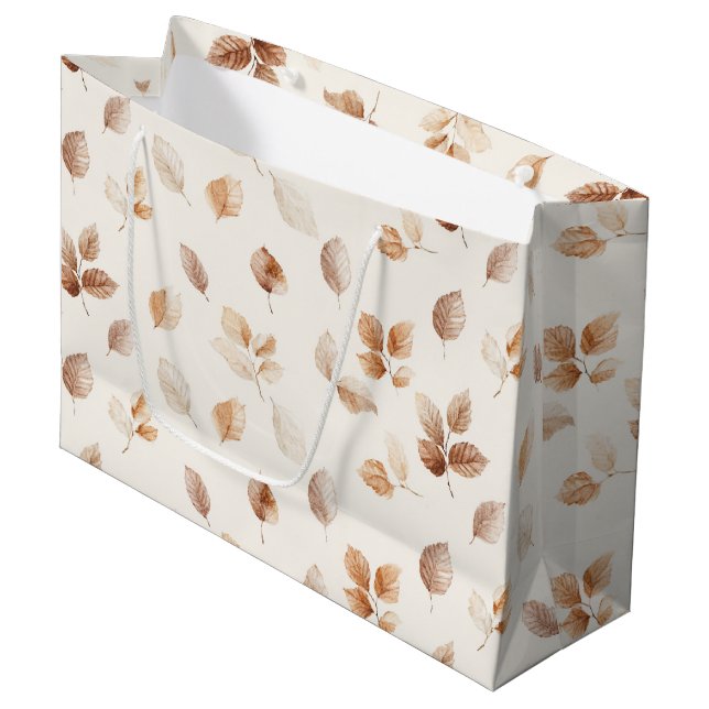 Grand Sac Cadeau Feuilles d'automne Crème Or (Devant Angle)