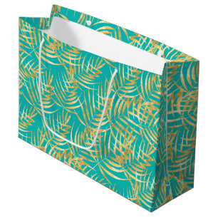 Grand Sac Cadeau Feuilles Gold Palm sur Turquoise