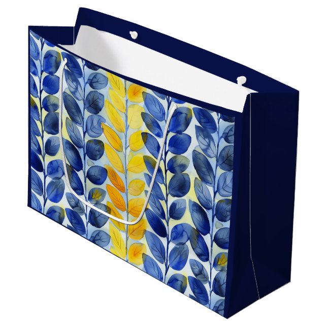 Grand Sac Cadeau Feuilles jaune et bleu (Devant Angle)