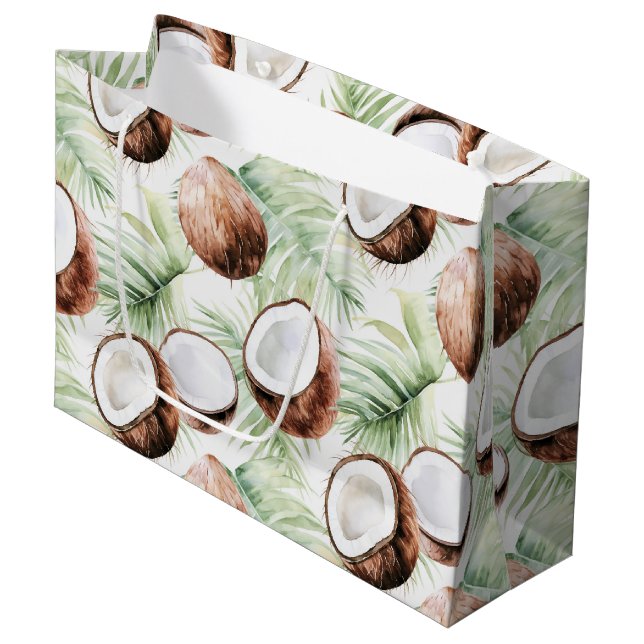 Grand Sac Cadeau Feuilles Tropicales Noix de Coco   (Devant Angle)