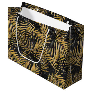 GRAND SAC CADEAU FEUILLES TROPICAUX NOIR & OR
