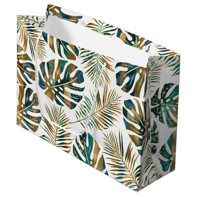 Grand Sac Cadeau feuilles tropicaux turquoises et dorés (Devant Angle)