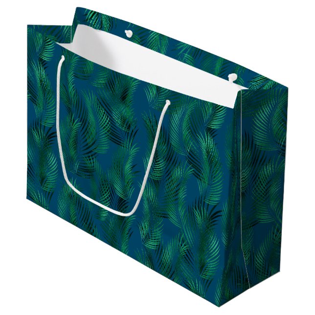 Grand Sac Cadeau Feuilles verts bleus tropicaux (Devant Angle)