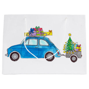Grand Sac Cadeau Fiat bleu 500 avec Cadeaux de Noël Aquarelle