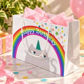 Grand Sac Cadeau Fille d'anniversaire licorne chat arc-en-ciel