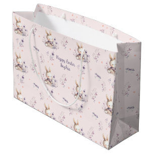 Grand Sac Cadeau Fille lapin personnalisée nom rose violet Pâques